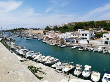 High angle view of harbor against sky