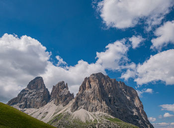 Low angle view of mountain against cloudy sky