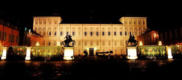 Statue in city at night