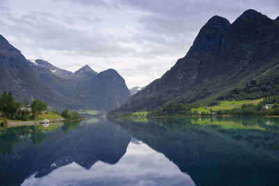 Scenic view of lake and mountains against sky