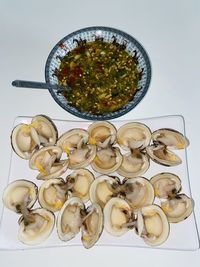 High angle view of food on table against white background