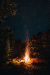 Woman sitting by fire on land against sky at night