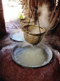 High angle view of bread in basket on table