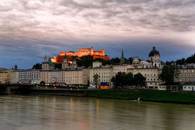 Buildings at waterfront against cloudy sky