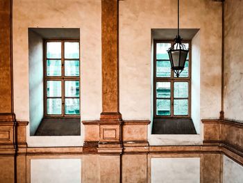 Reflection of building on glass window