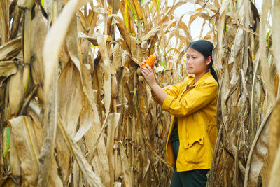 Side view of a boy standing in farm