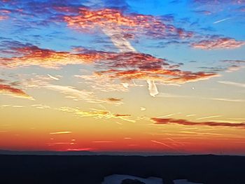 Aerial view of land against sky during sunset