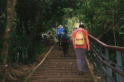 Rear view of men walking on footpath