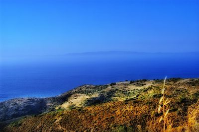 Scenic view of sea against clear blue sky