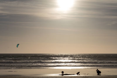 Silhouette people on beach against sky during sunset