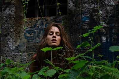 Portrait of a young woman looking away in forest