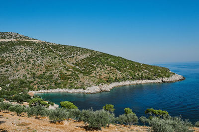 Scenic view of sea against clear blue sky