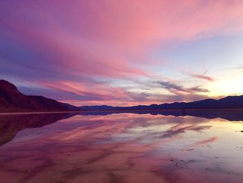 Scenic view of lake against romantic sky at sunset