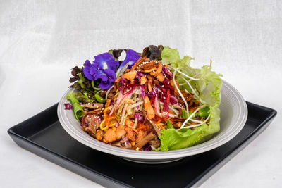 High angle view of food in plate on table