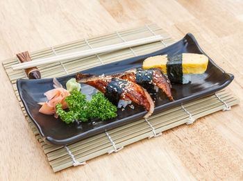 High angle view of food served on table