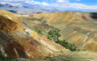 Multicolored mountain valley with a river on the background of ridges and sky with clouds in summer