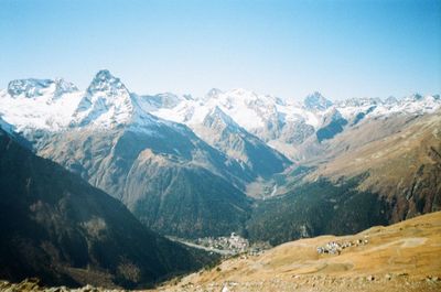 Scenic view of snowcapped mountains against clear sky