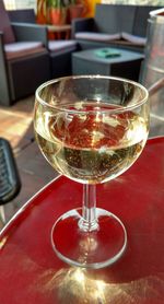 Close-up of wine glasses on table