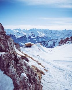 Scenic view of snowcapped mountains against sky