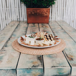 High angle view of dessert on table