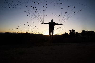 Digital composite image of birds tied with man hands against clear sky during sunset