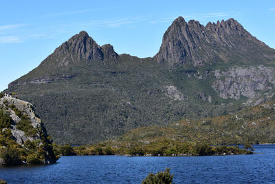 Scenic view of rocks in mountains against sky