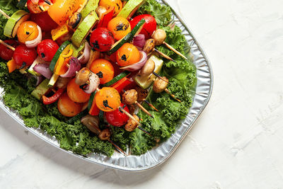 High angle view of fruits and vegetables on table