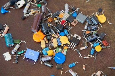 High angle view of work tools on table