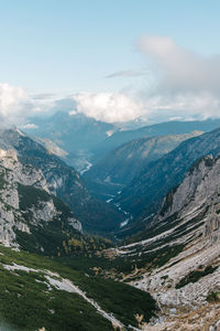 Aerial view of valley and mountains against sky