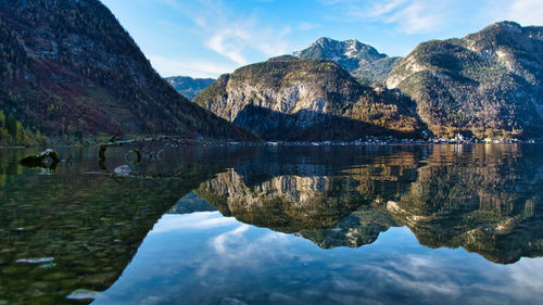 Scenic view of lake and mountains against sky