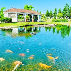 Swimming pool by lake against sky