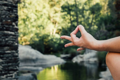 Cropped image of hand with people in water