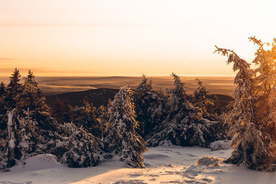 Scenic view of snow covered landscape against sky at sunset