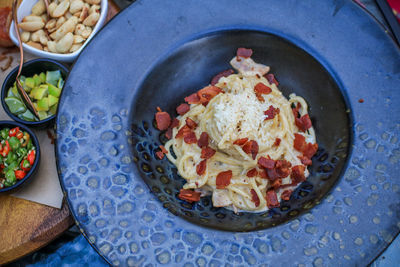 High angle view of breakfast served on table