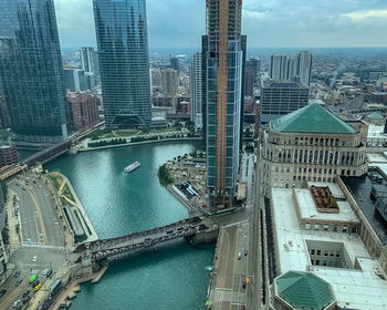 High angle view of modern buildings in city