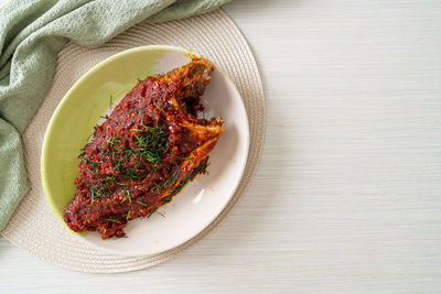 High angle view of food in plate on table