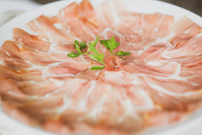 High angle view of cold cuts served with herbs in plate