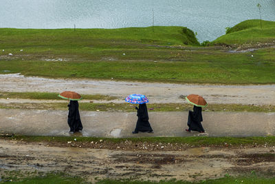 Rear view of woman with umbrella on field