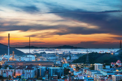 High angle view of cityscape against sky during sunset