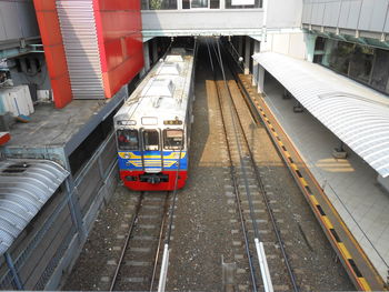 High angle view of train at railroad station