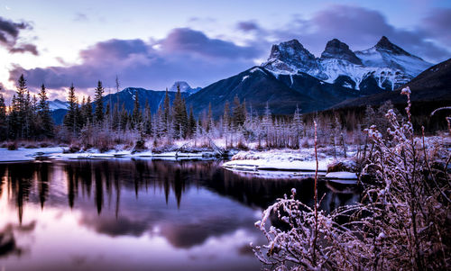 Scenic view of lake and snowcapped mountains against sky
