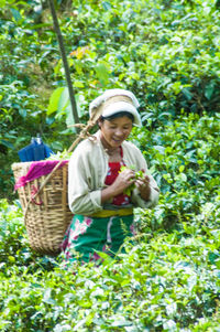 Full length of woman holding ice cream in basket