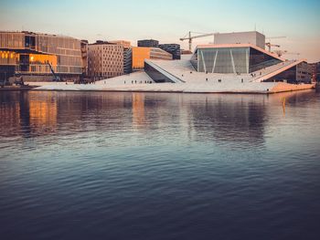 View of swimming pool against buildings in city