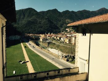Houses on mountain range