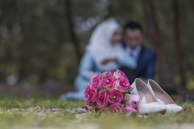 Close-up of rose bouquet against blurred background