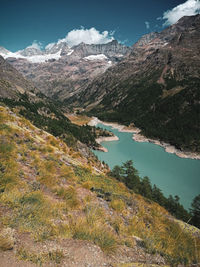 Scenic view of lake and mountains against sky