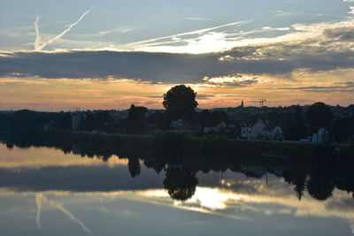 Scenic view of lake against sky at sunset