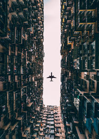 Directly below shot of airplane flying over buildings