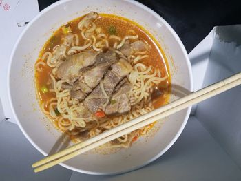 High angle view of soup in bowl