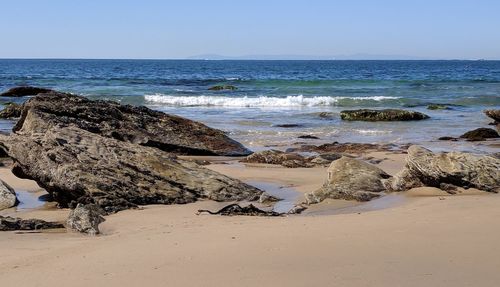 Scenic view of beach against clear sky